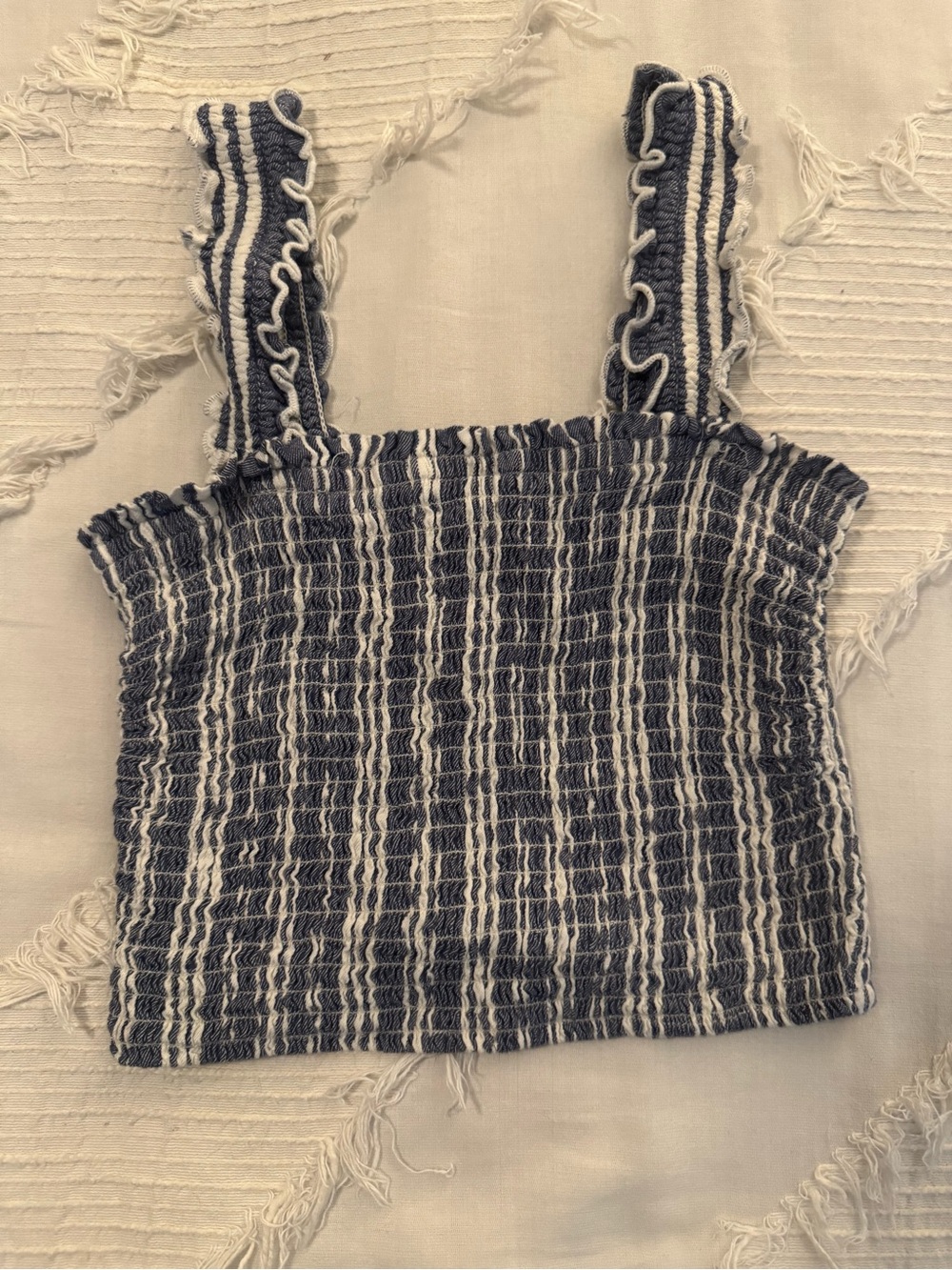 Hollister Navy and White Smocked Striped Crop Tank